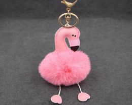Keychains Simulation Rex Fur Pink Flamingo Key Chain - Beach Bag Purse Charm Gold Ring y Ball Fashion Gift4858009