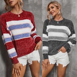 Women's Polos Autumn Round Neck Pullover Temperament Red Striped Knit Large Size Stitching Bottoming Sweater Women Winter