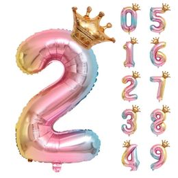 32inch Rainbow Crown Number Foil Balloon Birthday Party Decorations Kids Baby Shower Helium Air balloons Supplies 240510