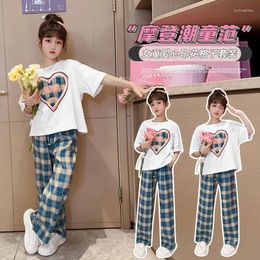 Clothing Sets Fashion Girls Clothes Summer Sweet Heart T-Shirt & Plaid Pants 2 Pieces Suit Loose Trouser Teenage Girl Preppy Tracksuit