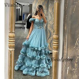 Party Dresses Viisher Sky Blue Tulle Off Shoulder Evening With Belt A Line Long Prom Dress Dubai Arabia Formal Gowns