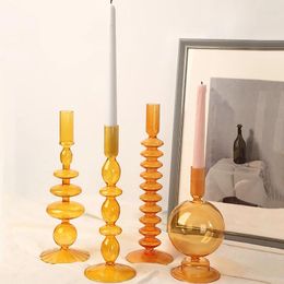 Candle Holders Nordic Retro Glass Holder Creative Home Decor Vase Ornaments Wedding Candlelight Dinner Decoration Props Orange
