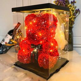 Decorative Objects Figurines 25/40CM Teddy Rose Bear Artificial Flower with Box Light Moms Girlfriend Birthday Valentines Day Gift H240522