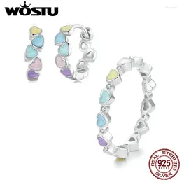 Cluster Rings WOSTU 925 Sterling Silver Heart To Dopamine Colourful Sweet Ring Hoop Earrings For Women Girl Birthday Gift Party Jewellery