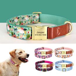 Dog Collars Leashes Custom Engraved Collar Personalized Nylon Pet ID Flower Print PU Leather Dogs Adjustable for Small Large H240522