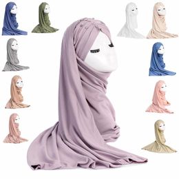 Ethnic Clothing Muslim Women's Hijab Strapped Long Headscarf Pleated Solid Colour Brushed Comfortable Studded Shawl Middle Eastern