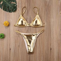 Women's Swimwear 2024 Sexy Women Gold Bikinis Set Summer Padded Bra Low Waist Swim Bottoms Fashion Shiny Lady Bathing Suit Beachwear