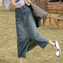 Skirts Long Denim-Skirt Vintage Women Solid High Waist A-LINE Slim Korean Style Jean Slit Midi Skirt Summer Fashion Girl