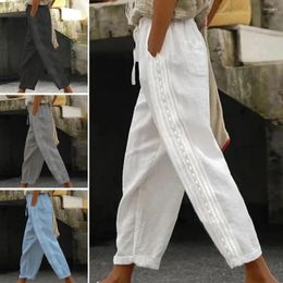 Women's Pants Summer Cotton Linen Loose Pocket Elastic Waist Wide-leg Retro Literary Solid Colour Casual Ninth