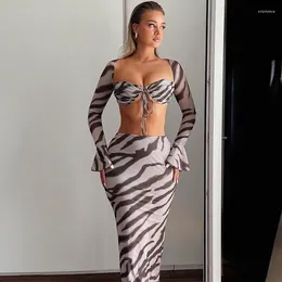 Work Dresses Sexy Holiday Beach Outfits For Women Party Night Club Matching Set Zebra Print Two Piece Long Sleeve Top And Skirt Sets