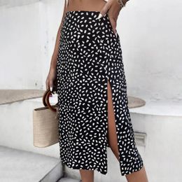 Skirts Summer Mid-rise A-Line Midi Dress Women Dot Print Side Split Hem Mid-calf Length Hip Wrapped Skirt Daily Clothing