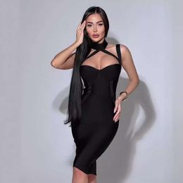 2024 Women's bandage dress with hollow hanging neck, chest wrapping, tight fitting, sexy buttocks wrapping dress, nightclub