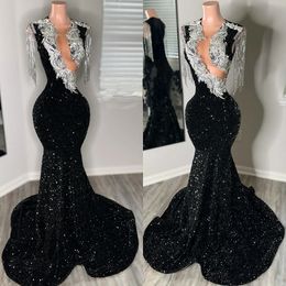 Luxury Black Mermaid Prom Dresses Rhinestone Crystal Sequined Black Girl Birthday Dress Long Party Outfits