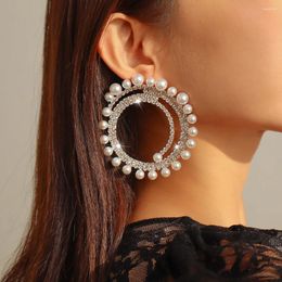 Stud Earrings GSOLD Light Luxury Sparkling Rhinestone Round Big Exaggerated Thread Circle Faux Pearl Earring For Women Gift