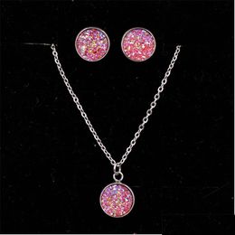 Earrings Necklace Fashion Druzy Drusy 12Mm Stainless Steel Round Resin Jewelry Set Drop Delivery Sets Dhbdu