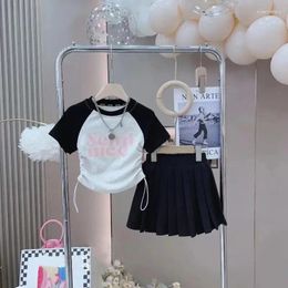 Clothing Sets Girls Clothes Kids Short Sleeves Top T-Shirt Pleated Skirt Suits 4-14 Year Old Teens Children Summer Letter Casual Outfits