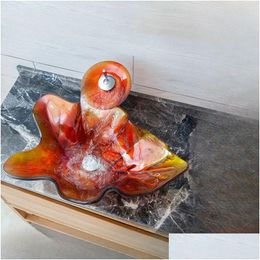 Bathroom Sinks Leaf-Shaped Glass Washbasin Washroom Vessel Sink With Waterfall Faucet Drop Delivery Home Garden Building Supplies Fix Dh1Ic