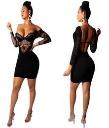 Sexy Hollow Lace Revealing Backpack Arm fivepoint Sleeve Dress Bodycon Bandage Female Women Summer Dress3317528