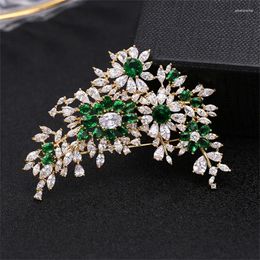 Brooches Vintage Flower Cubic Zirconia Luxury Green Zircon Wedding Floral Bouquet Brooch Pins Dress Jewellery Accessories