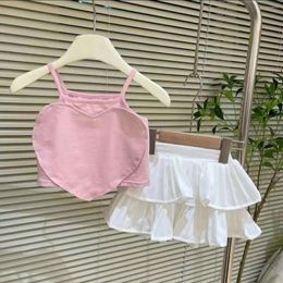 Clothing Sets Korean Outfits Baby Girl Clothes Summer Two Piece Suit Sleeveless Love Sling Tank Top Cake Pleated Skirt Ruffles 2 To 8 Years