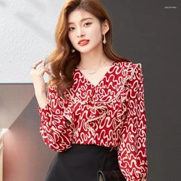 Women's Blouses Fashion V-Neck Printed Lace Ruffles Chiffon Clothing 2024 Spring Summer Loose Casual Tops Office Lady Shirts