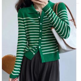 Women's Polos Striped Knitted Sweater Fall/winter Retro Polo Colar Slim Bottoming Lapel Long-sleeved Single-breasted Jacket