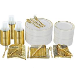 Gold Plastic Disposable Dinnerware Set 50/100 Guests Plastic Cups- Wedding Disposable Dinnerware 240521