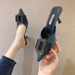 Baotou Half Slipper Clogs Shoe Women Pointed Toe Stiletto High Heels Korean All-match Pumps Luxury Square Rhinestone Mules Shoes 240516