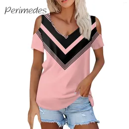 Women's T Shirts Tees Off-Shoulder Summer Fashionable Top Sexy Casual Daily Striped Printed V-Neck Short Sleeve Tee Shirt 2024