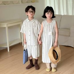 Clothing Sets Summer Children Sibling Look Clothes Set Cotton Turn Down Collar T-shirts Loose Kids Boys Shorts Suit Striped Thin Long