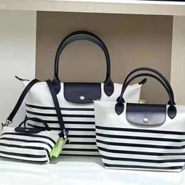 New High Quality French Longxiang Navy Blue Stripe Long Handle Medium Single Shoulder Bag Short Handle Small Handbag23