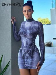 Casual Dresses ZHYMIHRET 2024 Autumn Printed Womens Mock Neck Gloved Long Sleeve Mini Dress Party Club Bodycon Y2K Clothing