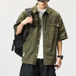 Men's Casual Shirts Mens Pockets Button Turn-down Collar Work Shirt American-Style Elastic Cargo Short-Sleeved Multi-Pocket Blouse Top