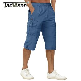 TACVASEN Cotton Cargo Shorts Mens 3 4 Knee Length Work Shorts Multi Pocket Summer Casual Shorts Cropped Trousers Male 240521