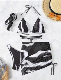 Women's Swimwear Sexy Halter Women White Black Tie Dye Print Bikini Set 4pcs With Mini Skirt Swimsuit Bathing Suit Beach Outfits Biquini