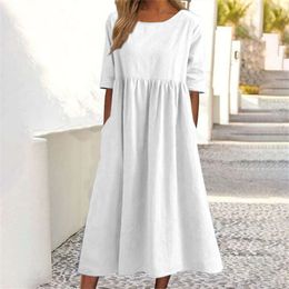 2024 Summer autumn women designer dresses round neck Half sleeve large size casual loose long solid color cotton linen dress 5ab 24a