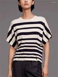 Women's T Shirts 2024 Spring Summer Contrast Stripes Drop Shoulder Sleeve O-Neck Loose Lady All-Match Pleated Knit Tee Top