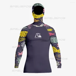 Women's Swimwear SPELISPOS Men Hooded Surfing Suit Long Sleeve Diving T-Shirts Tight Rash Guard Fit UV Protection Beach Tops