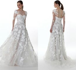 Romantic Lace Wedding Dresses Vintage Sheer Long Sleeves 3D Appliques Button Covered Back Bridal Gowns Custom Made 716263