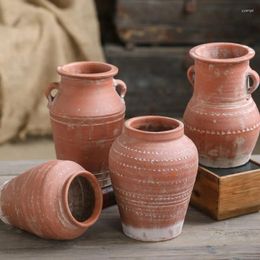 Vases Retro Red Pottery Vase Decoration Handmade Carved Ceramic Flowerpot Living Room Jar