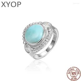 Cluster Rings Fashion 925 Sterling Silver Natural Gemstones Larimar Ring For Women Geometry Design Classic Retro Female Jewellery Dating