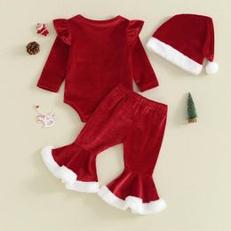 Clothing Sets My 1st Christmas Outfit Born Girl Santa Baby Jumpsuit Outfits Letter Print Long Sleeve Romper Flare Pants Hat Velvet