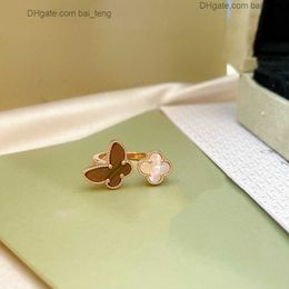 Vintage Band Rings Perlee Brand Designer Copper Double Butterfly Four Leaf Clover Flower Charm Open Ring For Women With Box Party Gift