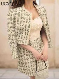 Work Dresses UCXQ Vintage Contrast Color Weave Tweed Jacket O-neck Short Coats High Waist Mini Skirts Autumn 2024 Two-piece Sets Tide