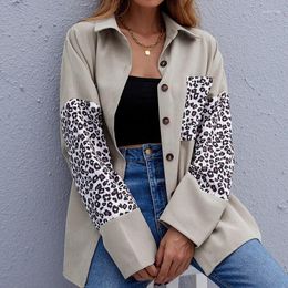 Women's Polos 2024 Shirt Jacket Lapel Stitching Leopard Print Long-sleeved Cardigan Women Autumn And Winter