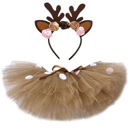 Skirts Fluffy Brown Deer Girl Tutu Skirt Christmas Costume Kids Reindeer Tulle Skirt for Halloween Carnival Children Outfit 1-14 Years Y240522