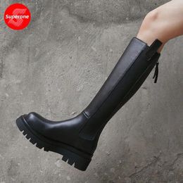 Boots Superone Women Flat Heel Long Real Leather Zipper Woman Winter Shoes Fashion Warm Knee High Size 33-42