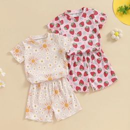 Clothing Sets Kids Suit Girl Set Summer Sun/Strawberry Print T-shirt Tops Elastic Waist Shorts Baby Clothes Children's Tracksuit
