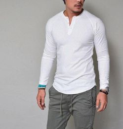 Fashion Brand Clothing Men T Shirt Two Button VNeck Slim Fit Long Sleeve T Shirts Men Spandex Casual Tees5996068