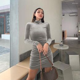 Casual Dresses 2024 Fashionable Sexy Long Sleeve Slim Fit Dress Autumn And Winter High Neck Folding Suede